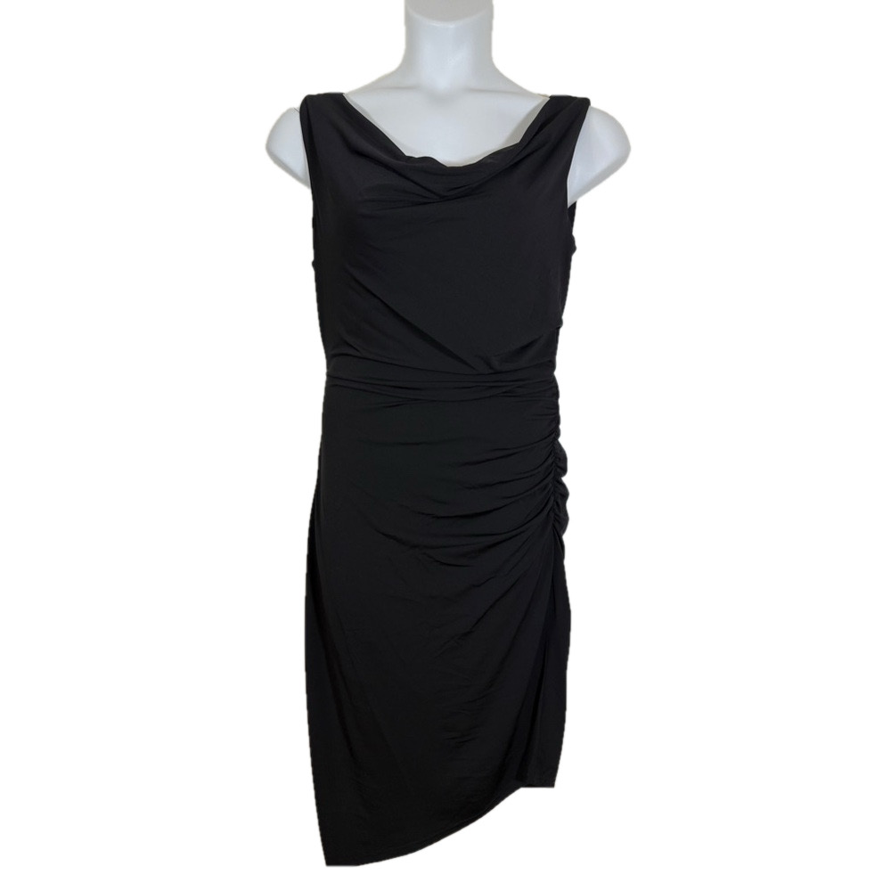 Sam Edelman Black Asymmetrical Ruched Cowl V Neckline Cocktail Dress SKU0112